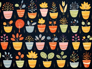 Childrens repeating pattern, colorful imaginative plants in pots, simple line drawings ,  high resolution - obrazy, fototapety, plakaty
