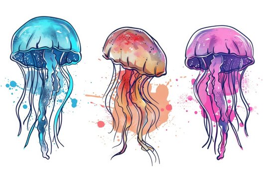 Three jellyfish painted in watercolor on a white background. Perfect for marine themed designs