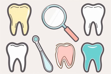 Close up of toothbrush, toothpaste, and magnifying glass for dental care concept. Perfect for dental clinic advertising