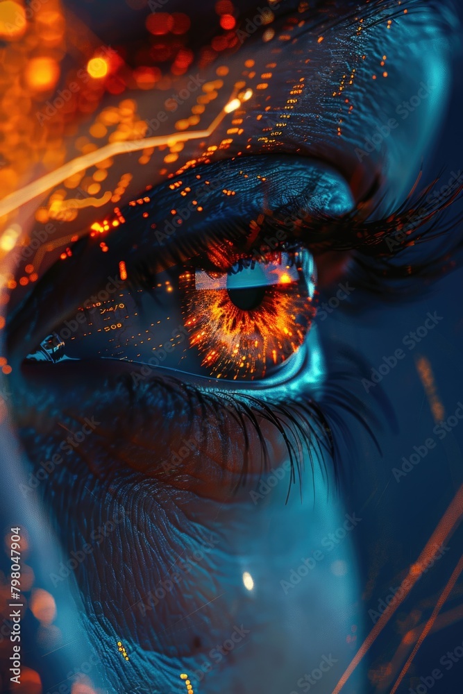 Poster Close up of a person's eye with lights in the background. Suitable for technology or medical concepts