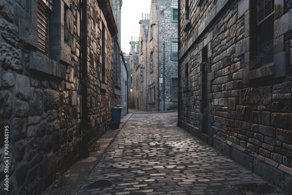 Poster a picturesque cobblestone street with a charming clock tower in the background. suitable for travel 