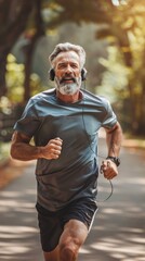 Fototapeta premium Closeup cropped portrait of male caucasian mature athlete sportsman runner listening to the music while jogging on park in the morning.