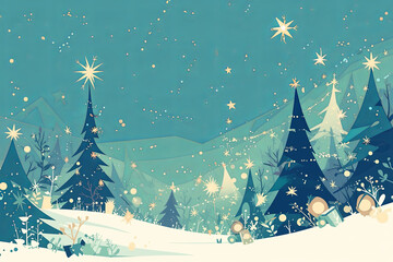An enchanting illustration capturing the quiet beauty of a snowy landscape with stylized trees and sparkling stars in a soft color palette.