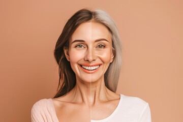 Aging bone density loss and wrinkles stage a facial comparison in an aging illustration, showcasing skincare challenges and sophisticated aging solutions.