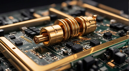 A computer motherboard with safety lock or pad lock as wide conceptual design, gold conductors, abstract design, 