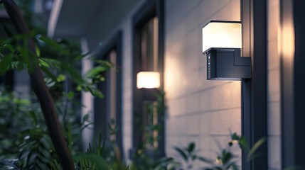 Illuminated outdoor wall lights by a modern home at dusk