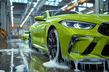 Green car shampoo wash with water splashes for professional auto detailing service
