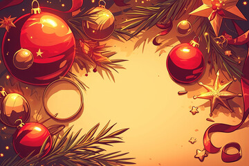 Illustration of red and gold Christmas ornaments with pine branches on a warm background, perfect for a holiday greeting.
