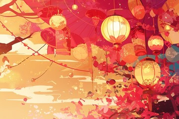 Beautiful illustration of lanterns and blossoming flowers in warm tones, capturing the essence of a festive celebration.