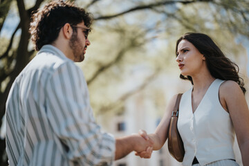 Professional male and female executives sealing a deal with a handshake, symbolizing partnership...