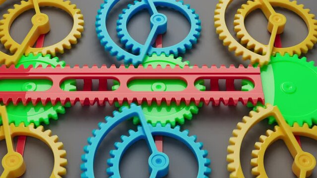 Looped animation of a group of multi-colored children plastic gears using a toothed rack. Looped movement. Close-up