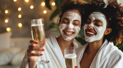 A group of moms enjoying an outdoor spa day, facial masks in hand. Spring and summer cosmetics advertisement photo. cosmetics photo, beauty industry advertising photo.