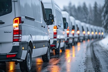 Naklejka premium White vans parked at snowy logistics center. Transportation and delivery concept.