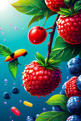 seamless background with berries, vitamin tablets vs vitamin source fruit background, abstract illustration wallpaper