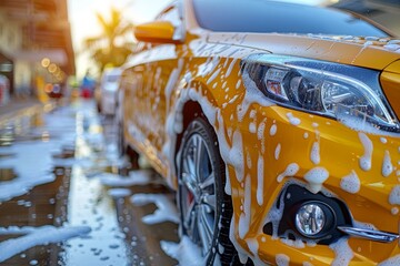 Yellow car professional wash with shampoo foam and water splashes, auto detailing service
