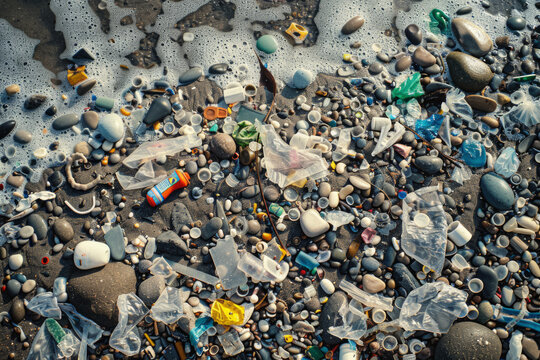 Washed-up plastic debris littering the beach shore.


