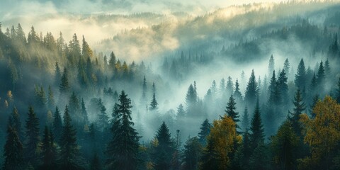 Breathtaking landscape of a foggy fir forest