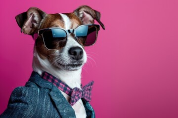 A fashionable dog wearing sunglasses and a bow tie. Perfect for pet fashion blogs or animal-themed events