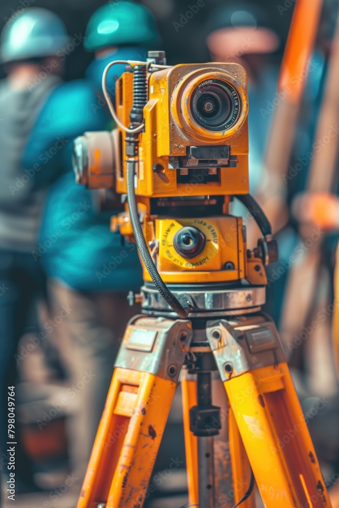 Poster camera on tripod capturing construction site activity. suitable for construction industry projects