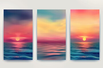 Three vertical banners featuring a beautiful sunset over the ocean. Perfect for website headers or social media posts