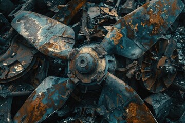 Close up of a rusty propeller on a pile of junk. Suitable for industrial and vintage concepts - obrazy, fototapety, plakaty