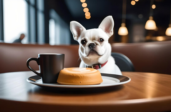 Dog in caf&eacute; sitting at table