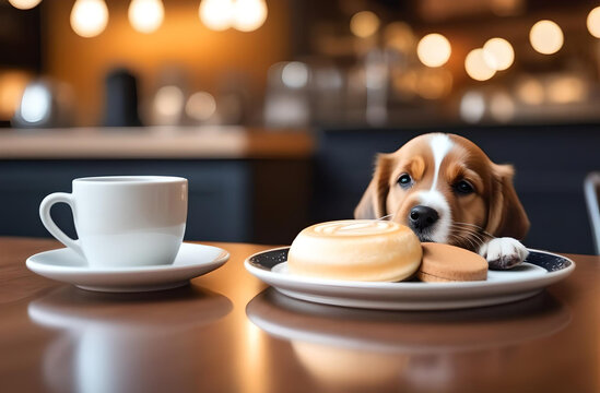 Dog in caf&eacute; sitting at table