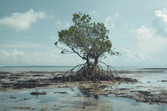 Dead mangrove trees due to increased soil and seawater pollution in a coastal area.


