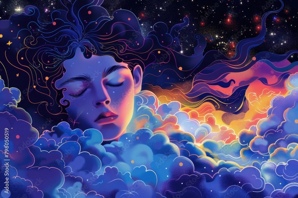 Poster a serene painting of a woman with closed eyes in the clouds. suitable for meditation or relaxation c