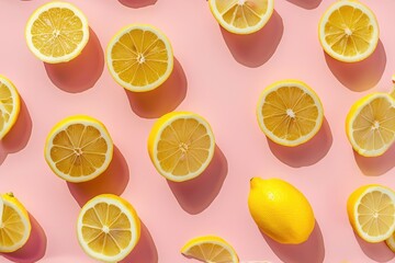 Fresh Yellow Lemons with Green Leaves on Pastel Background