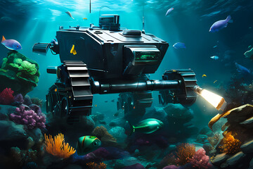 scuba diver in a coral reef, underwater robot cleaning garbage, robotic hands picking plastic waste realistic illustration wallpaper 