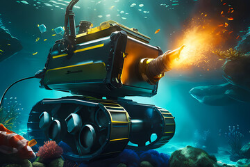 scuba diver in a reef, underwater robot cleaning garbage, robotic hands picking plastic waste realistic illustration wallpaper 
