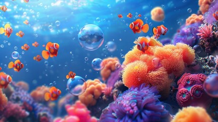 Depict a magical underwater world teeming with colorful coral reefs and exotic marine life. Integrate peach blossoms drifting through the ocean currents