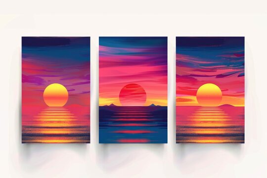 Three beautiful paintings of sunsets reflecting on water. Perfect for home decor or office spaces