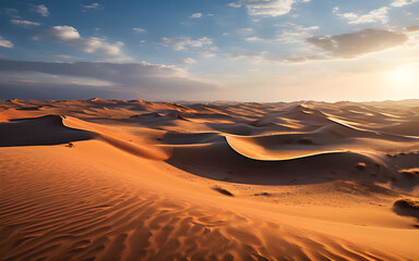 A sprawling desert landscape, where sand dunes rise and fall like waves frozen in time.
