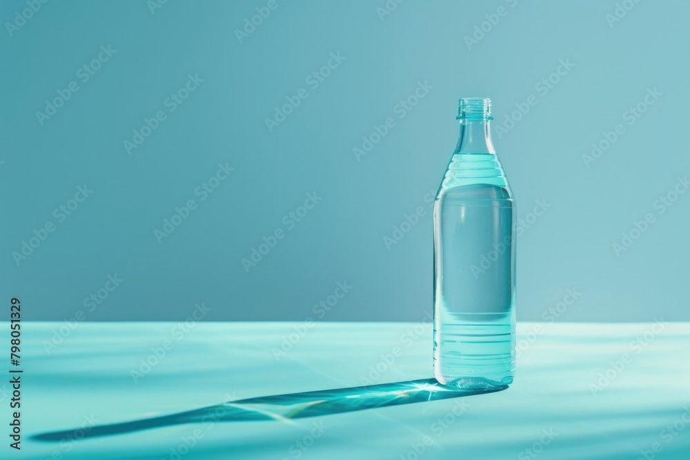 Poster a bottle of water placed on a table, suitable for various concepts and designs