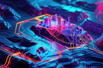 A unique perspective of a city on top of a computer circuit board. Ideal for technology or urban themed projects