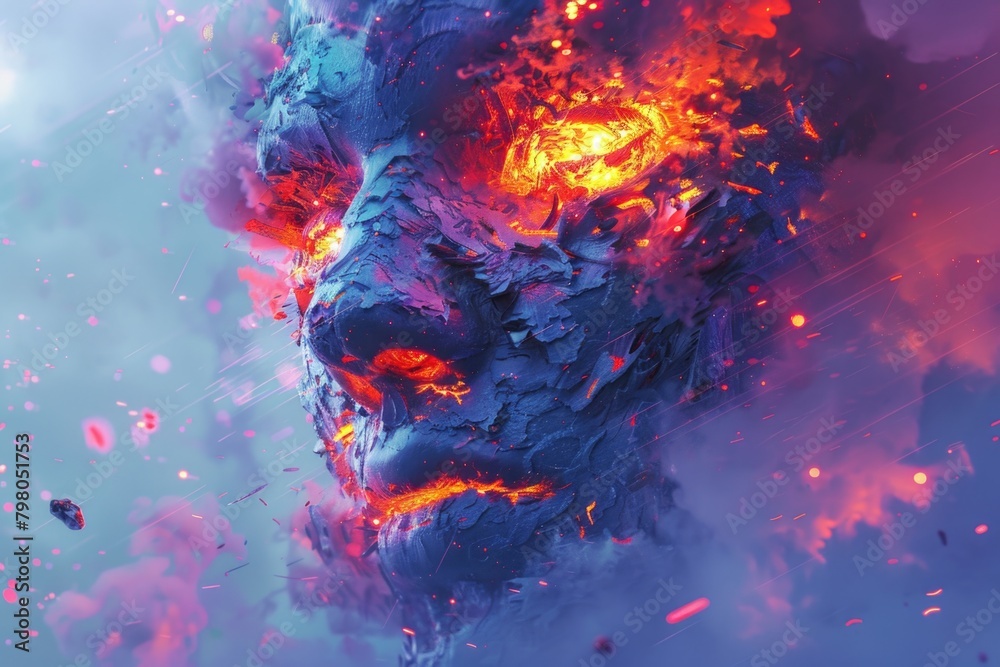 Poster a dramatic close-up of a person's face with fire coming out of it. suitable for intense and fiery co
