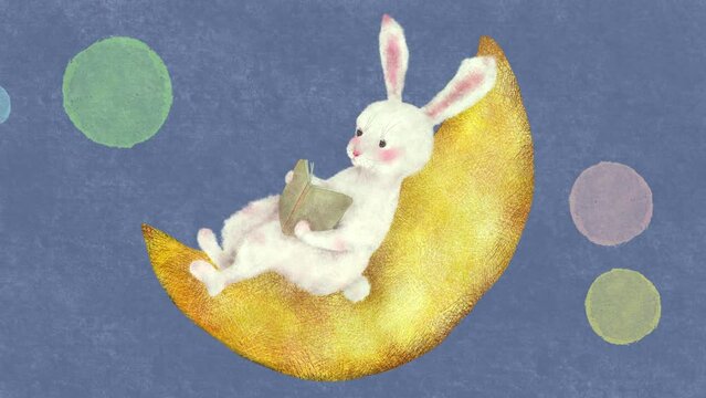 Adorable white rabbit reading on crescent moon , hand drawn animation, 
