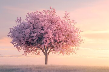 Enchanting Cherry Blossom Tree in Pastel Sunset Sky with Cinematic Lighting