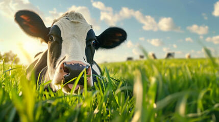 black and white dairy cow lying in green grass under sunny sky
