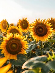 Obraz premium Vibrant Sunflower Field Stretching Towards Bright Azure Sky with Golden Petals Glowing in Warm Sunny Light