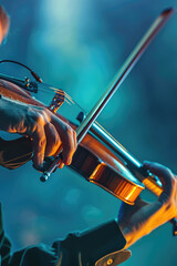 A detailed view of a person skillfully playing the violin, focusing on their hands and the...