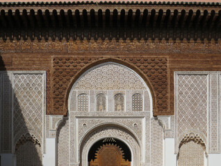 UNESCO World Heritage. Medersa Ben Youssef (16th century). Details of the walls decorated by...