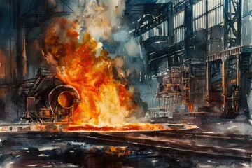 A painting of a factory emitting smoke. Suitable for industrial and environmental concepts