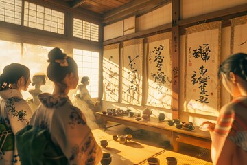 Elegant Japanese Tea Ceremony in Bright Sunlit Tearoom with Calligraphic Scrolls Adorning Walls