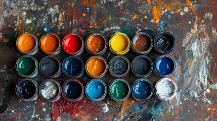 Various colorful open paint cans on lively vibrant background, creative art supplies concept - Powered by Adobe