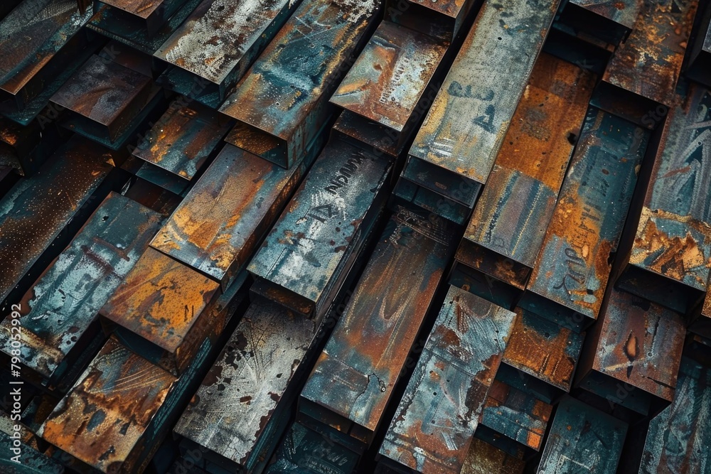 Poster a detailed view of a stack of rusty metal, suitable for industrial and grunge themes