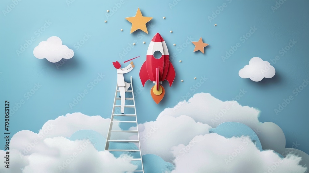 Poster A man standing on a ladder looking at a rocket. Suitable for technology and innovation concepts