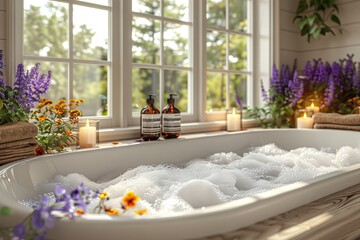 Spa essentials. soap, towel, and toiletries creating serene ambiance on white bathroom background - obrazy, fototapety, plakaty